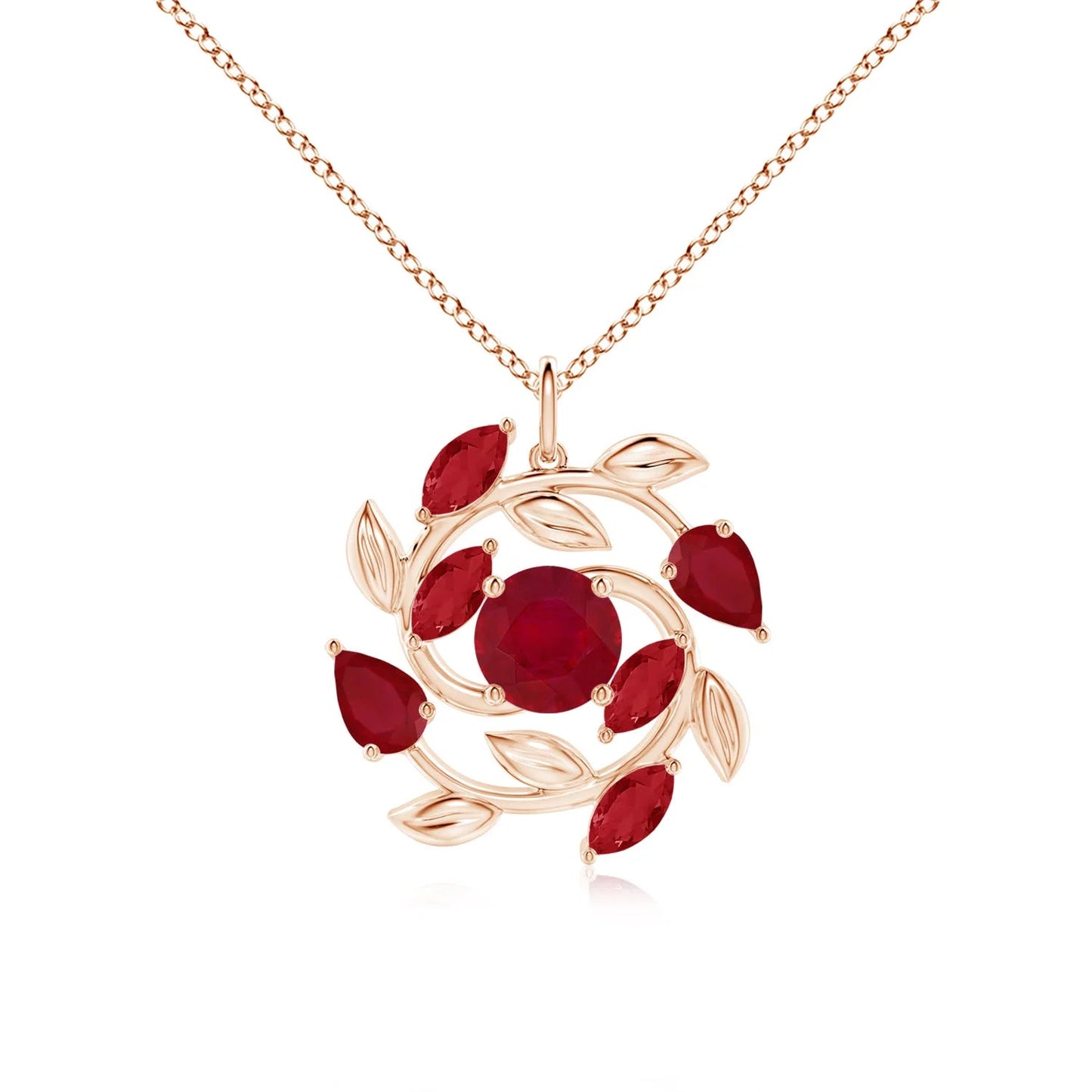 2026 Top Selling 14K Solid Gold Round & Marquise Ruby Gemstone Olive Branch Cluster Pendant Link Chain Necklace Fine Jewelry