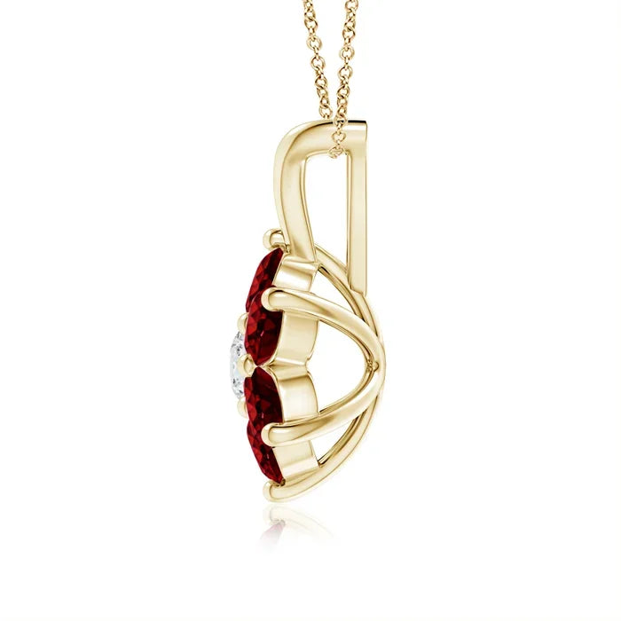 18K Pure Gold Classic 2.5MM 0.38Ct Round Cut Six Red Ruby Petal Shape Flower Design V Bale Pendant With 0.11Ct Natural Diamond