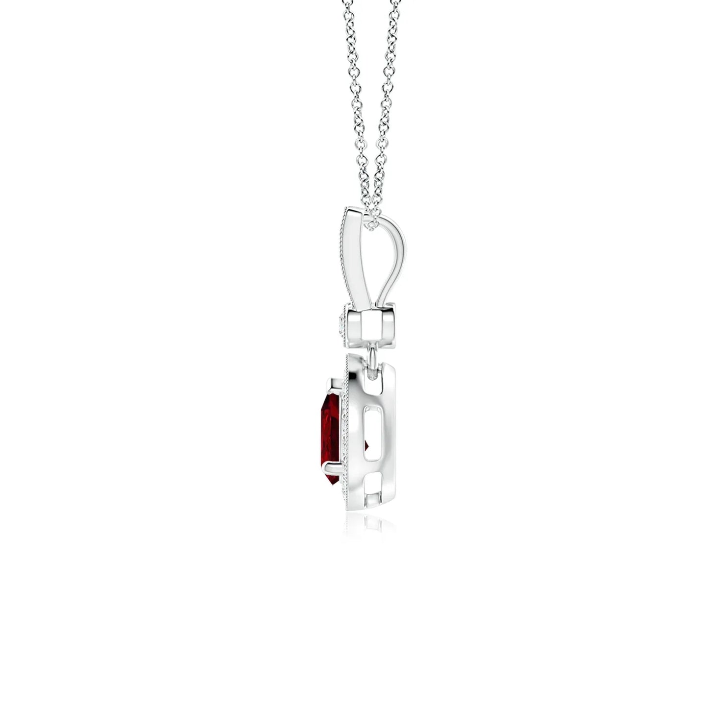 14K Solid Gold Pear-Shaped Red Ruby Precious Gemstone With Pave Sett Diamond Halo Pendant Custom Handmade Fine Jewelry Necklace