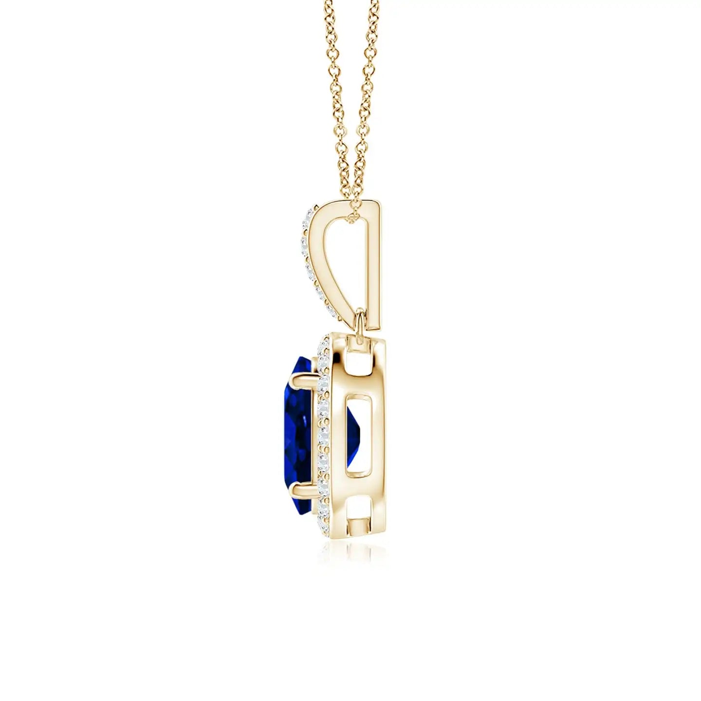 Vintage Style Geometric Oval Cut Blue Sapphire Pendant With Diamond Halo Link Chain Necklace 14K Pure Gold 2026 Luxury Pendant
