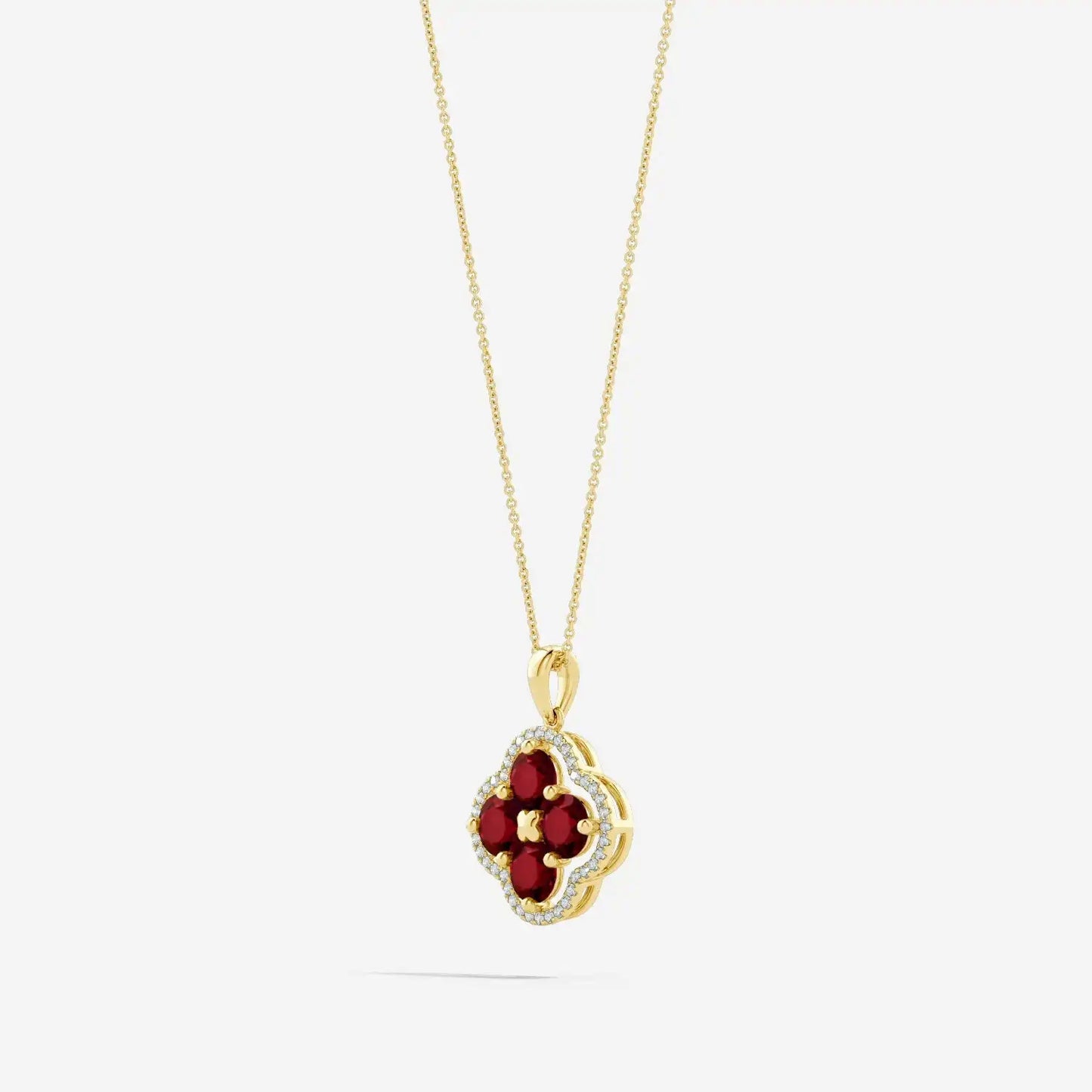 14K Gold Natural Diamond Framed Ruby Gemstone Clover Design Pendant Nature Inspired Fine Jewelry Pendant Link Chain Necklace