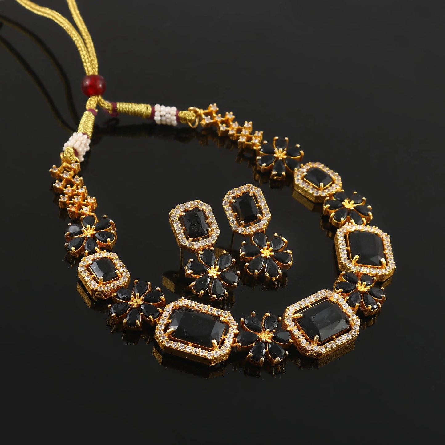 Gold Plated Brass Black Onyx & Zircon Necklace Set-Adjustable with Earrings-Geometric Design for Indian Wedding