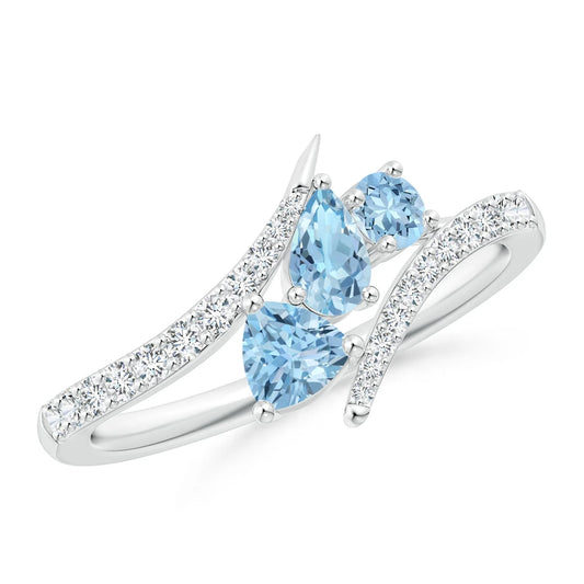 2026 New Arrival 14K Gold Three Stone Multi-Shape Natural Aquamarine Pisces Bypass Ring Pave Setting Diamond Band Wedding Ring
