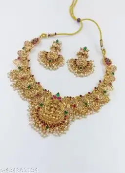 LATEST LAXMI TRADITIONAL SOUTH INDIAN TEMPLE GOLD PLATED CROWN CHOKER NECKLACE SET Bezel Set Stones Third Party Certified