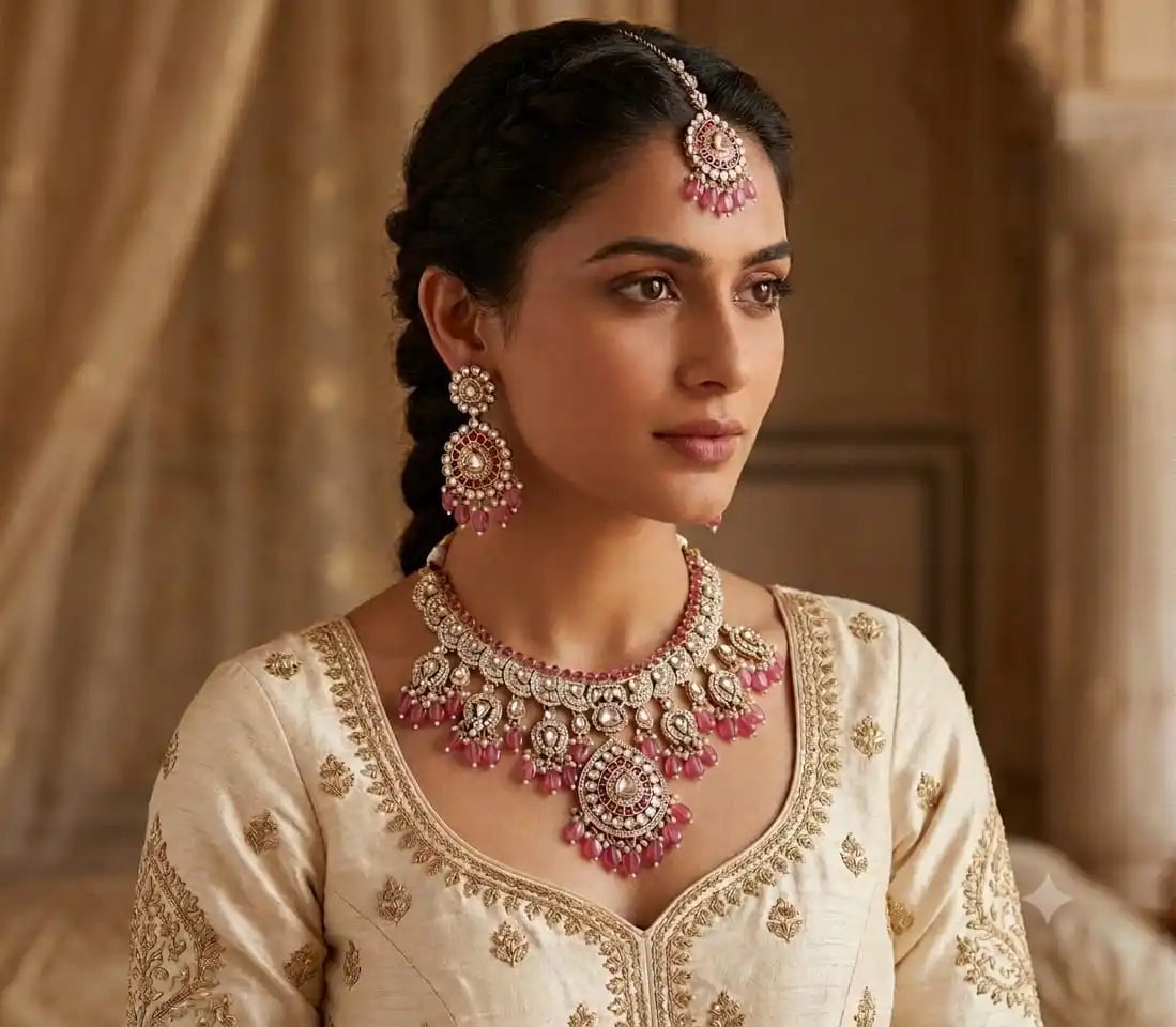 Wholesale Prime Polki Kundan Choker Necklace Set with Earrings and Maang Tikka Bridal Wedding Party Wear Gold Plated Jewelry