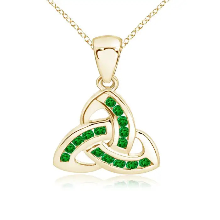 14K Solid Gold Natural Emerald Dangling Channel-Set Emerald Celtic Knot Pendant Classic Fine Jewellery Anniversary Gift For Her