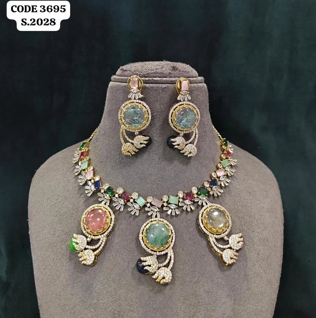 Elegant Sapphire Blue & Multi-Color Gemstone AD Accented Necklace Set Sapphire Blue Navette & Multi-Color Cabochon Stones
