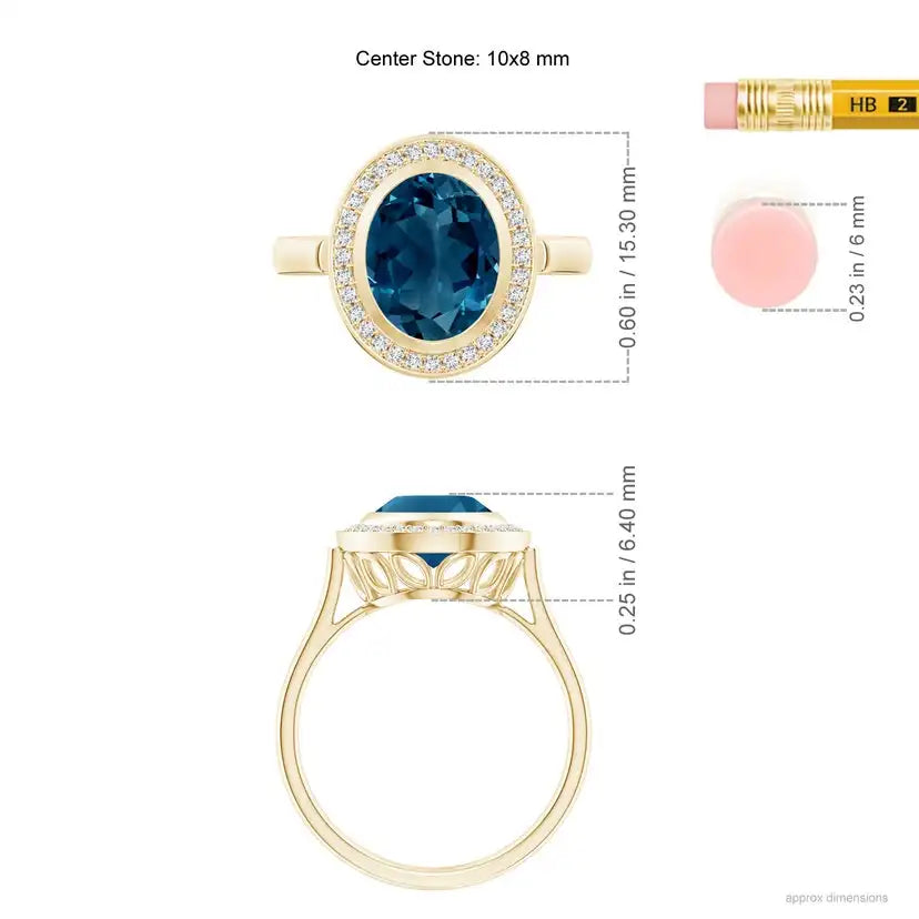 14K Solid Gold Bezel-Set Oval London Blue Topaz Ring with Diamond Halo Handmade Customized Fine Jewelry Wedding Engagement
