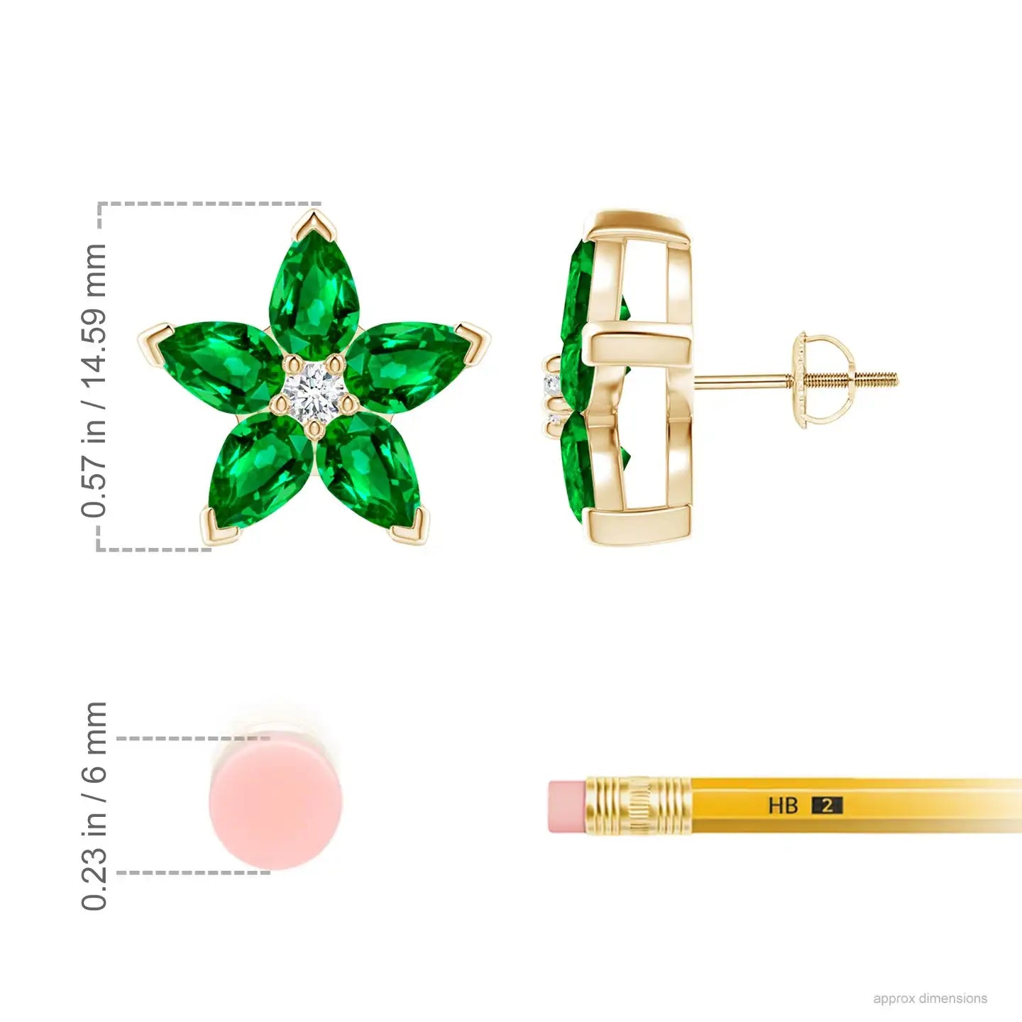 Five-petal flower design with marquise-cut emeralds, center diamond cluster, 14kt yellow gold setting and screw-back closure
