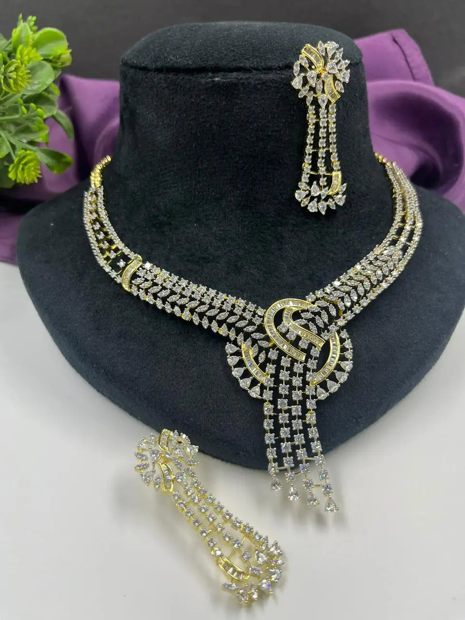 CZ diamond golden Necklace Earrings Jewelry Set for Women | Rhodium Alloy Handmade Imitation Indian Fashion Gift Anniversary Set
