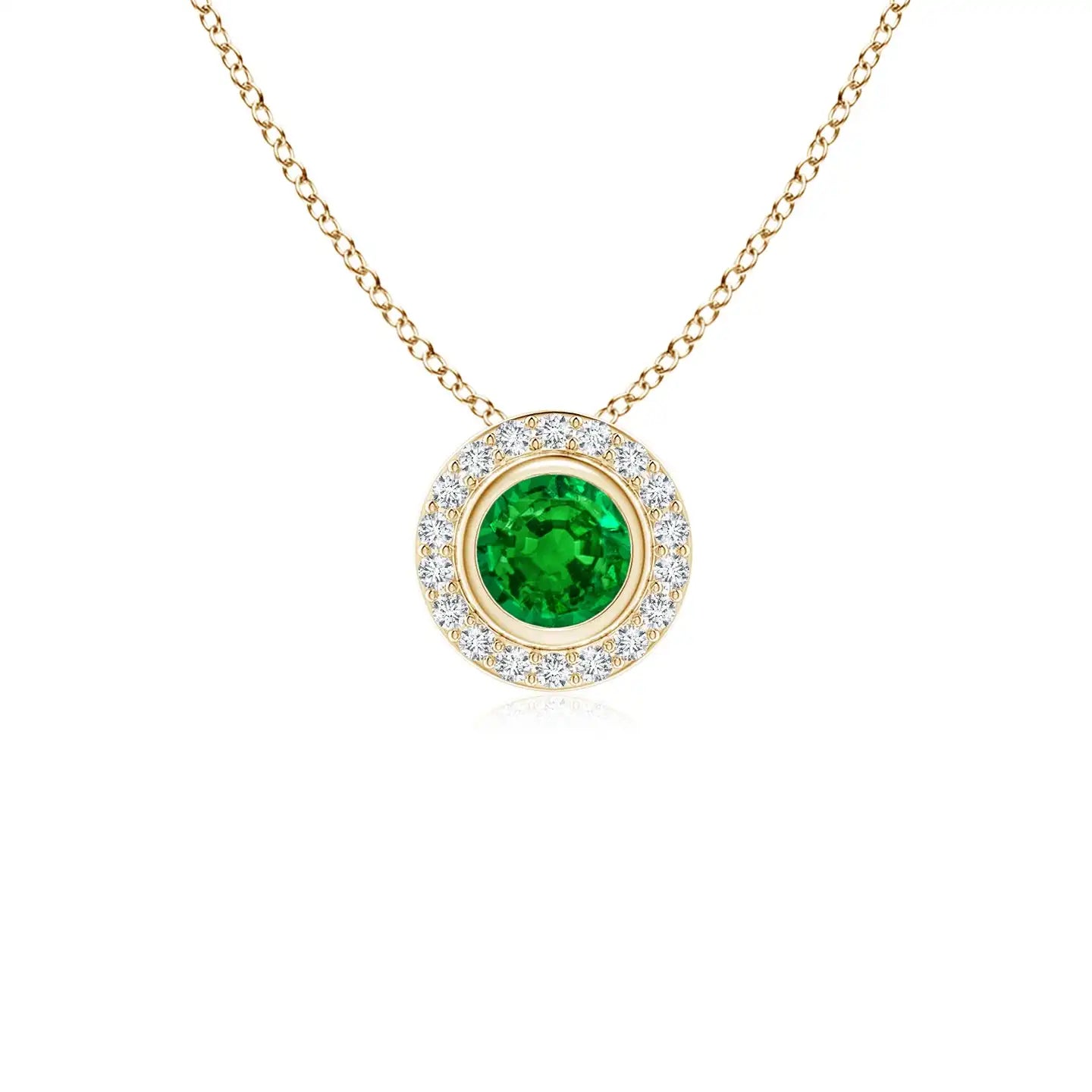 14K Solid Gold Natural Round Emerald Bezel-Set Pendant With Diamond Halo Classic Fine Jewellery Anniversary Gift For Her 2026