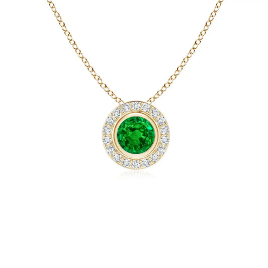 14K Solid Gold Natural Round Emerald Bezel-Set Pendant With Diamond Halo Classic Fine Jewellery Anniversary Gift For Her 2026