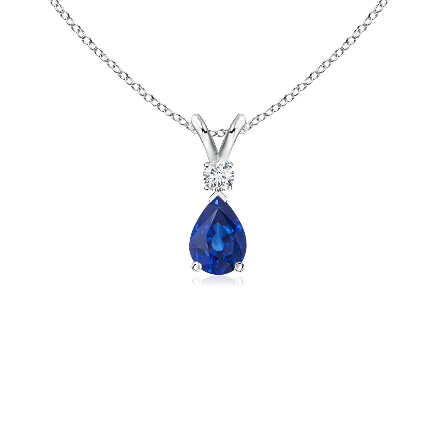 14K Gold IGI Certified Natural Blue Sapphire Prong-Set Teardrop V-Bale Pendant With Round Diamond Fine Jewelry Necklace For Girl