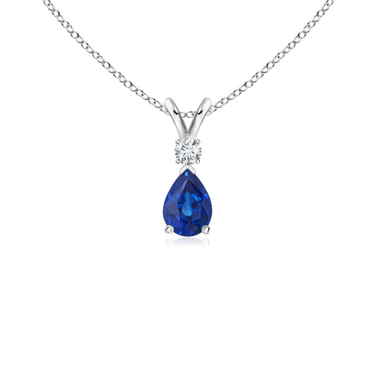 14K Gold IGI Certified Natural Blue Sapphire Prong-Set Teardrop V-Bale Pendant With Round Diamond Fine Jewelry Necklace For Girl