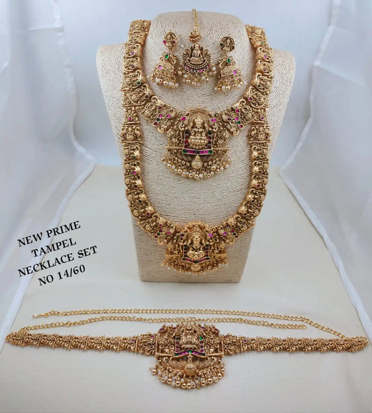 Lakshmi Luxury Temple Jewellery Bridal Necklace Set Antique Gold Plated Lakshmi Long Haram Choker Vaddanam Wedding Jewelry Set