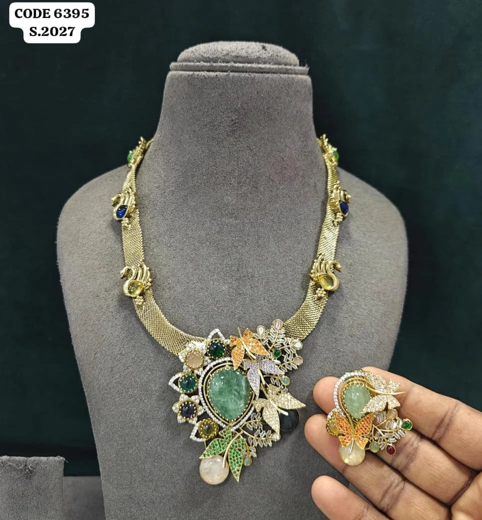 Luxury Royal Floral Peacock Emerald Pear Gemstones Statement Choker Necklace Earrings Set Premium Party Designer Costume Jewelry