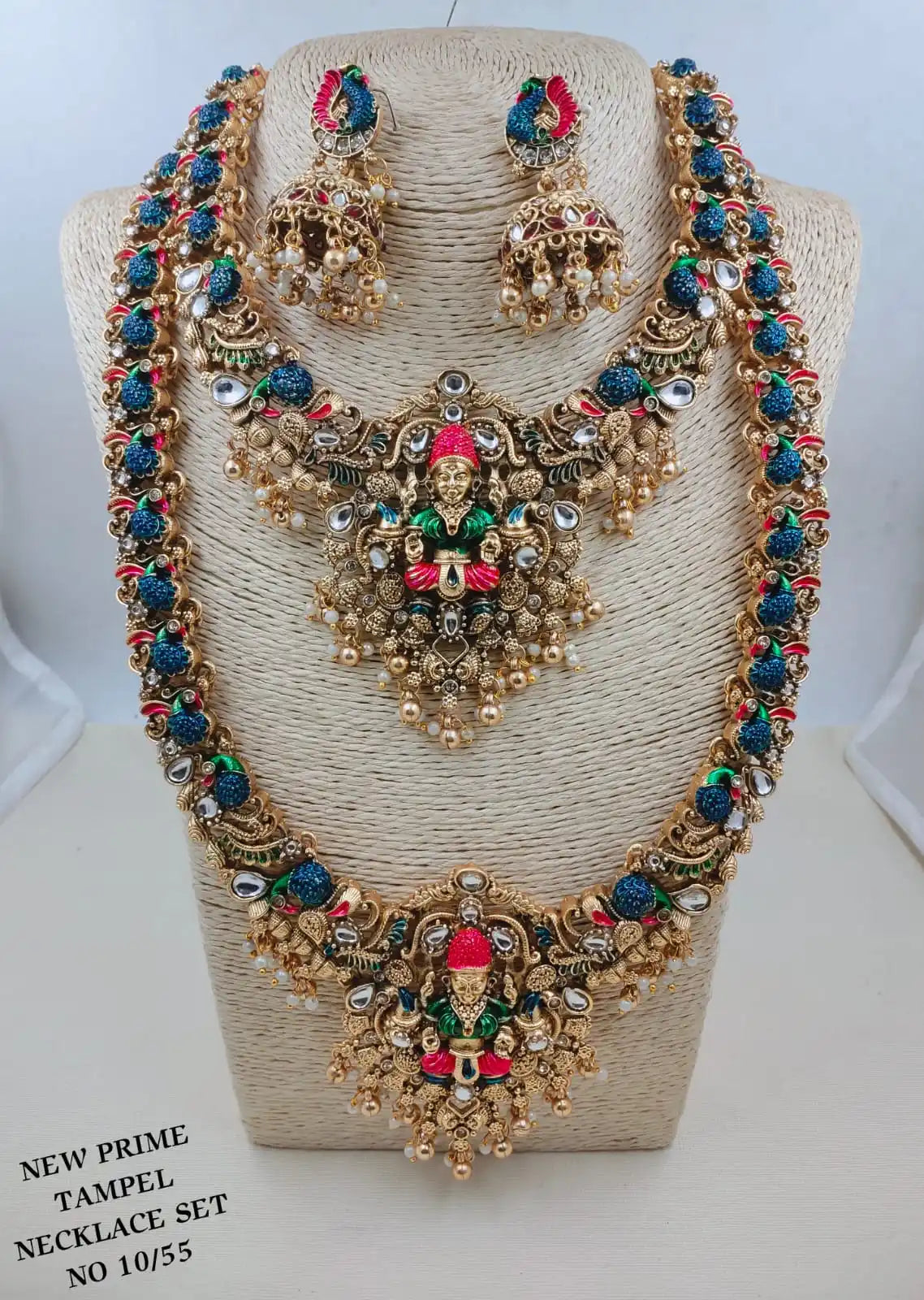 Luxury Temple Jewellery Lakshmi Bridal Necklace Set Antique Gold Plated Brass Wedding Long Haram Choker Set for Women Set