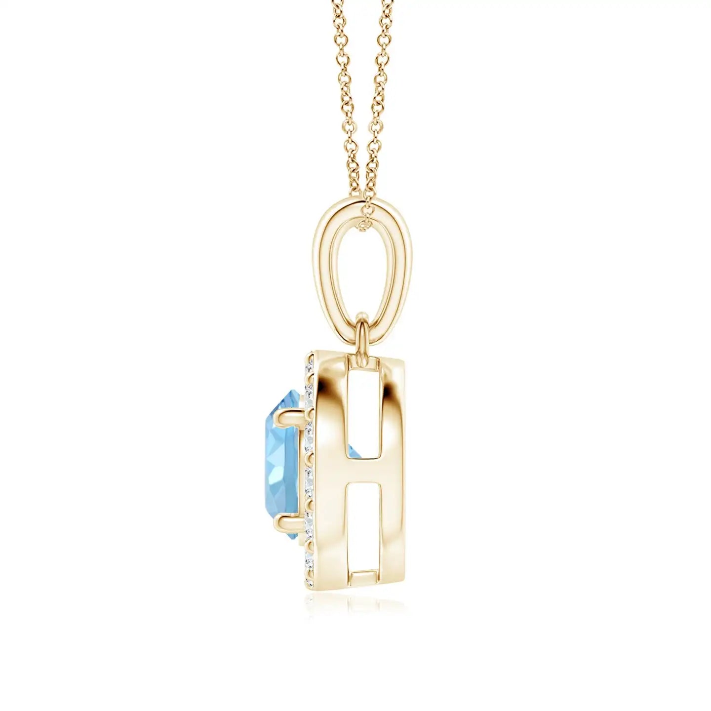 Natural 6MM 0.75Ctw Round Brilliant Cut Aquamarine With Halo Diamond Pendant Necklace IGI Certified Gemstone & Diamond Pendant