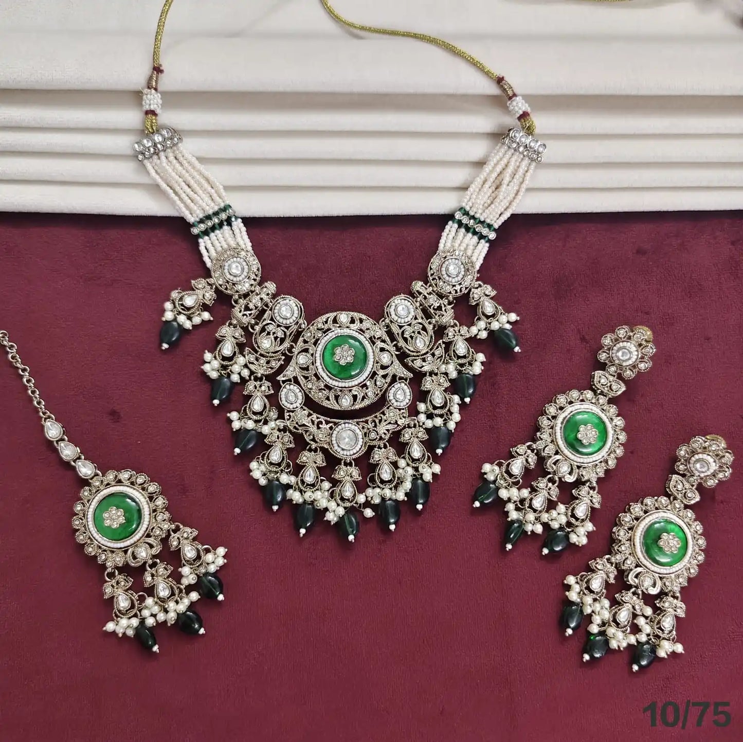 Luxury Oxidised Pearl Beaded Necklace Set with Aqua Blue Stones Designer Bridal Party Wear Jewelry Set with Earrings  for women
