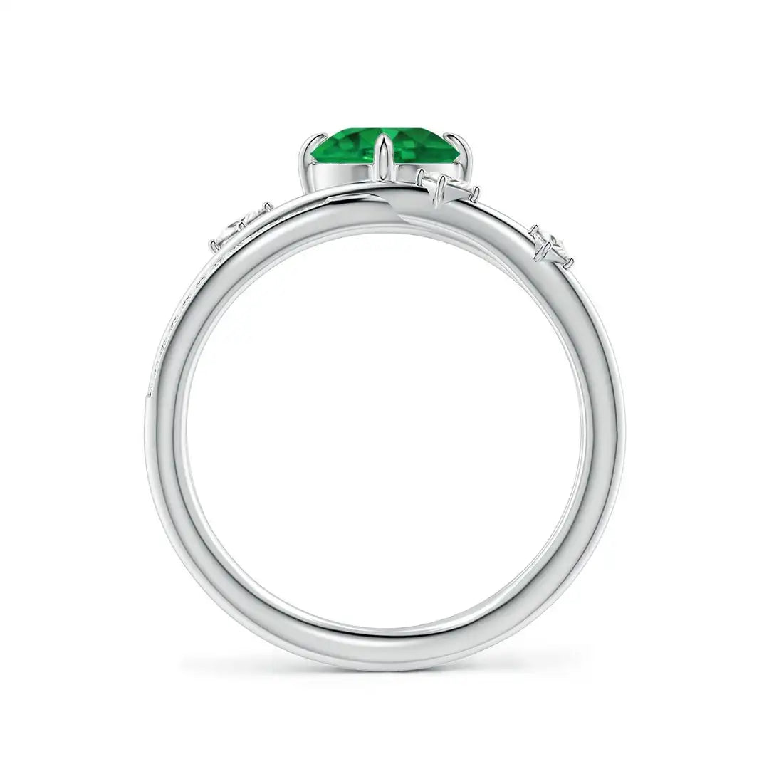 Designer 14K Solid Gold 6.5mm 1.22CT Round Cut Natural Emerald Gemstone & Diamond Crossover Statement Ring for Weddings Parties