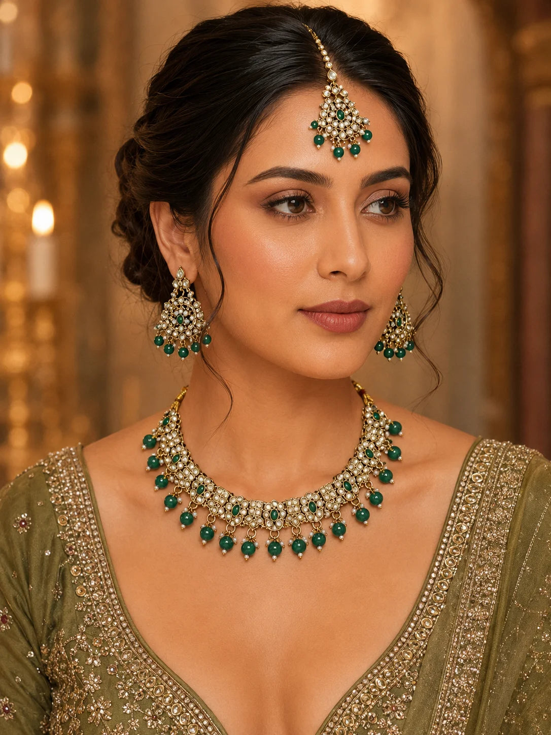 Wholesale Designer Green Kundan Choker Necklace Set with Earrings & Maang Tikka for Women Bridal Wedding Party Wear Set