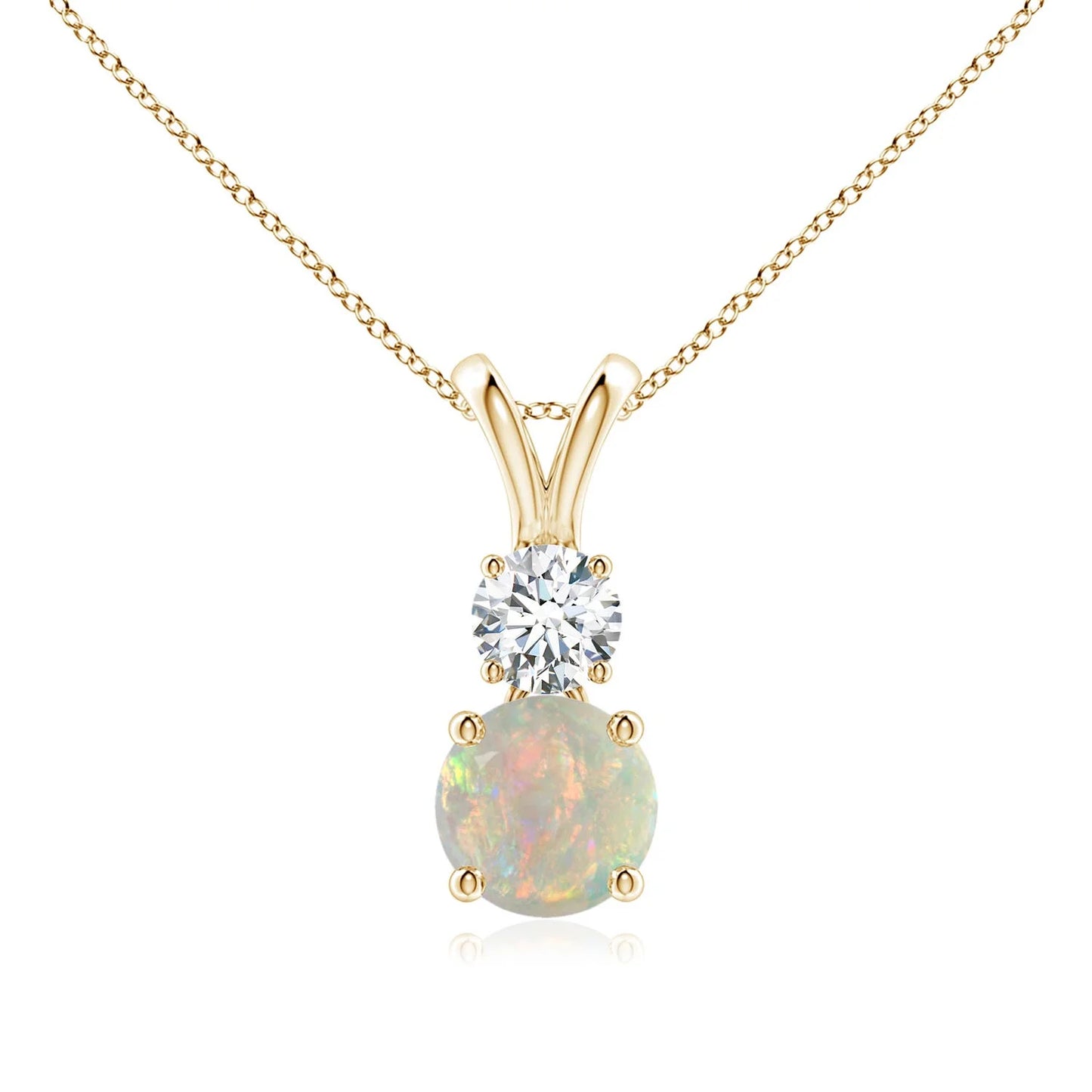 2026 Top Selling IGI Certified Opal & Diamond Pendant Necklace 14K Gold Prong-Set Round Natural Opal & Diamond Two Stone Pendant