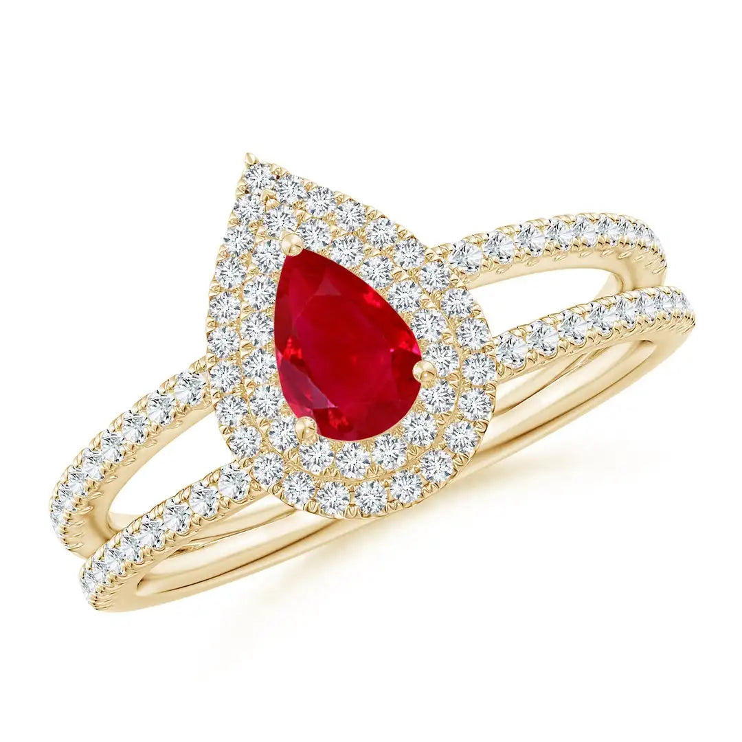 14K Solid Split Shank Pear Cut Natural Red Ruby and Diamond Double Halo Engagement Ring Certified Fine Jewelry Ring For Woman