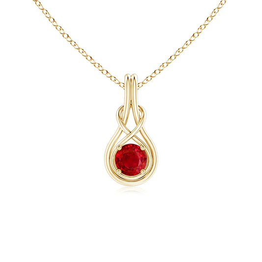 14K 18K Gold 5MM Round Cut Red Ruby Gemstone Solitaire Infinity Knot Design Pendant Link Chain Necklace Handmade Fine Jewelry