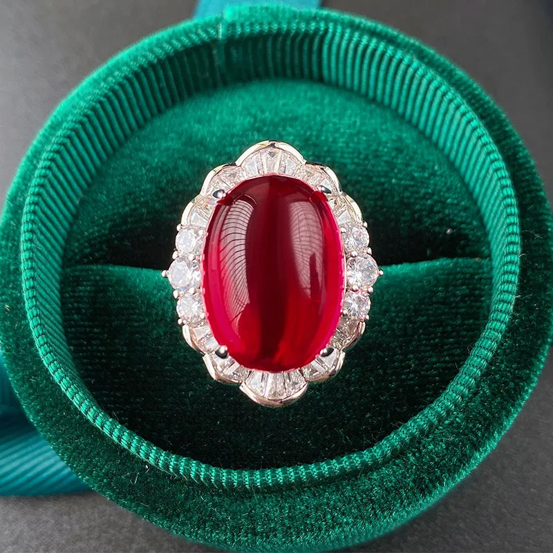 Gemfiori Luxury Pigeon Blood Ruby Jewelry Set Cabochon Cut Red Gem Halo Pendant Necklaces Earring Rings Timeless Classic Elegant Wedding