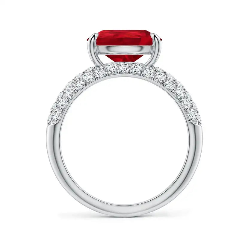 14K Solid Gold Off-Centered Pear Ruby Engagement Ring with Diamond Accents Handmade Customized Fine Jewelry Wedding