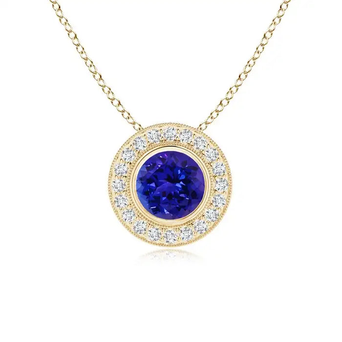 Classic Fine Jewelry 14K 18K Solid Gold Bezel-Set Natural Round 4MM 0.24Ctw Tanzanite Pendant With Diamond Halo Anniversary Gift