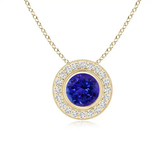 Classic Fine Jewelry 14K 18K Solid Gold Bezel-Set Natural Round 4MM 0.24Ctw Tanzanite Pendant With Diamond Halo Anniversary Gift