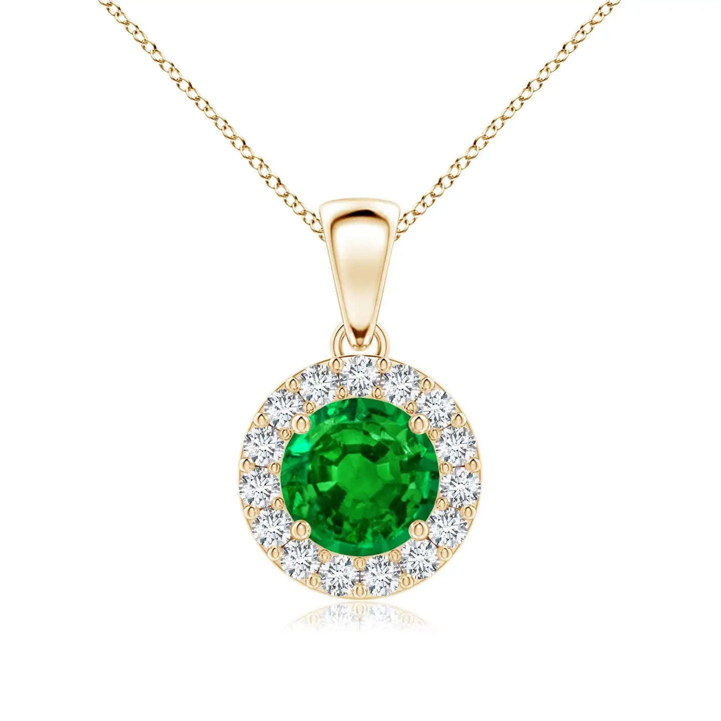 14K Gold Natural 6MM 0.75Ctw Round Cut Emerald Gemstone With Pave Sett Accented 0.21Ctw Diamond Halo Pendant Link Chain Necklace