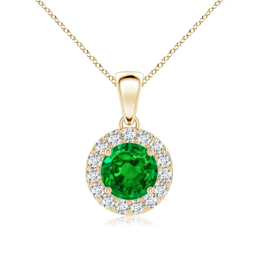 14K Gold Natural 6MM 0.75Ctw Round Cut Emerald Gemstone With Pave Sett Accented 0.21Ctw Diamond Halo Pendant Link Chain Necklace