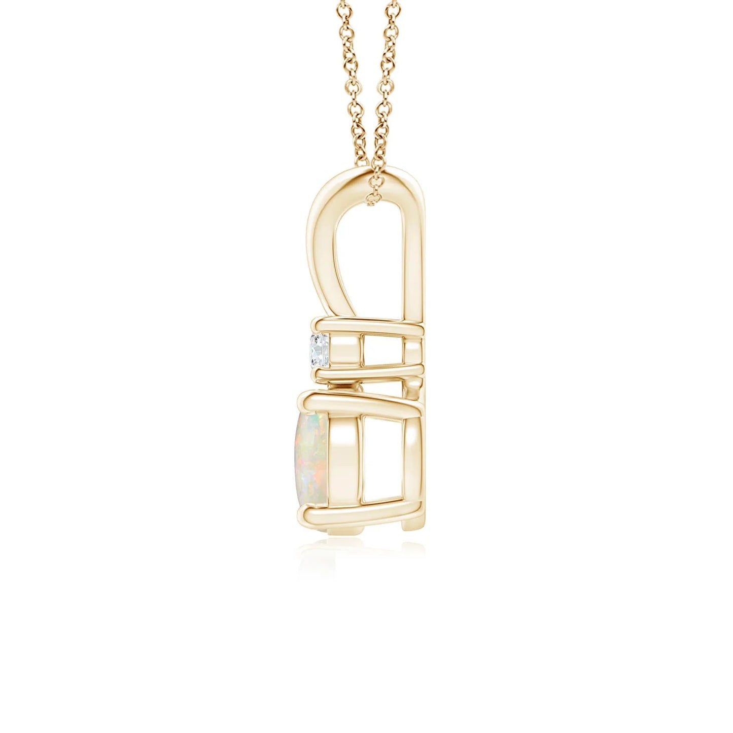 Premium Quality Natural Gemstone & Diamond 2 Stone Pendant 14K Gold Round Opal Solitaire V-Bale Pendant with Diamond Necklace