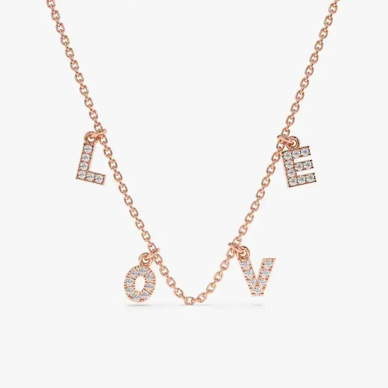 High Quality 9K Solid Gold Natural Diamond Studded LOVE Letter Necklace 32 Diamonds 0.12 Carat Custom Made Luxury Romantic Charm