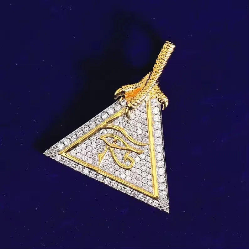 BiG-BOSS Iced Out Eye of Horus Pyramid Pendant with Moissanite and Bezel Setting in Sterling Silver Hip Hop Jewelry for Men and Women