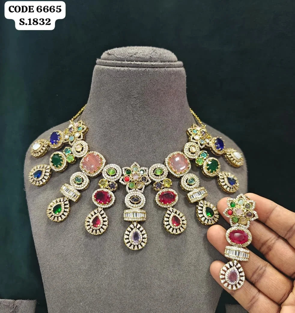 Luxury Multi Gemstone Statement Choker Necklace Set Elegant Vintage Pear Cut Gold Plated Bridal Wedding Jewelry Set For Women