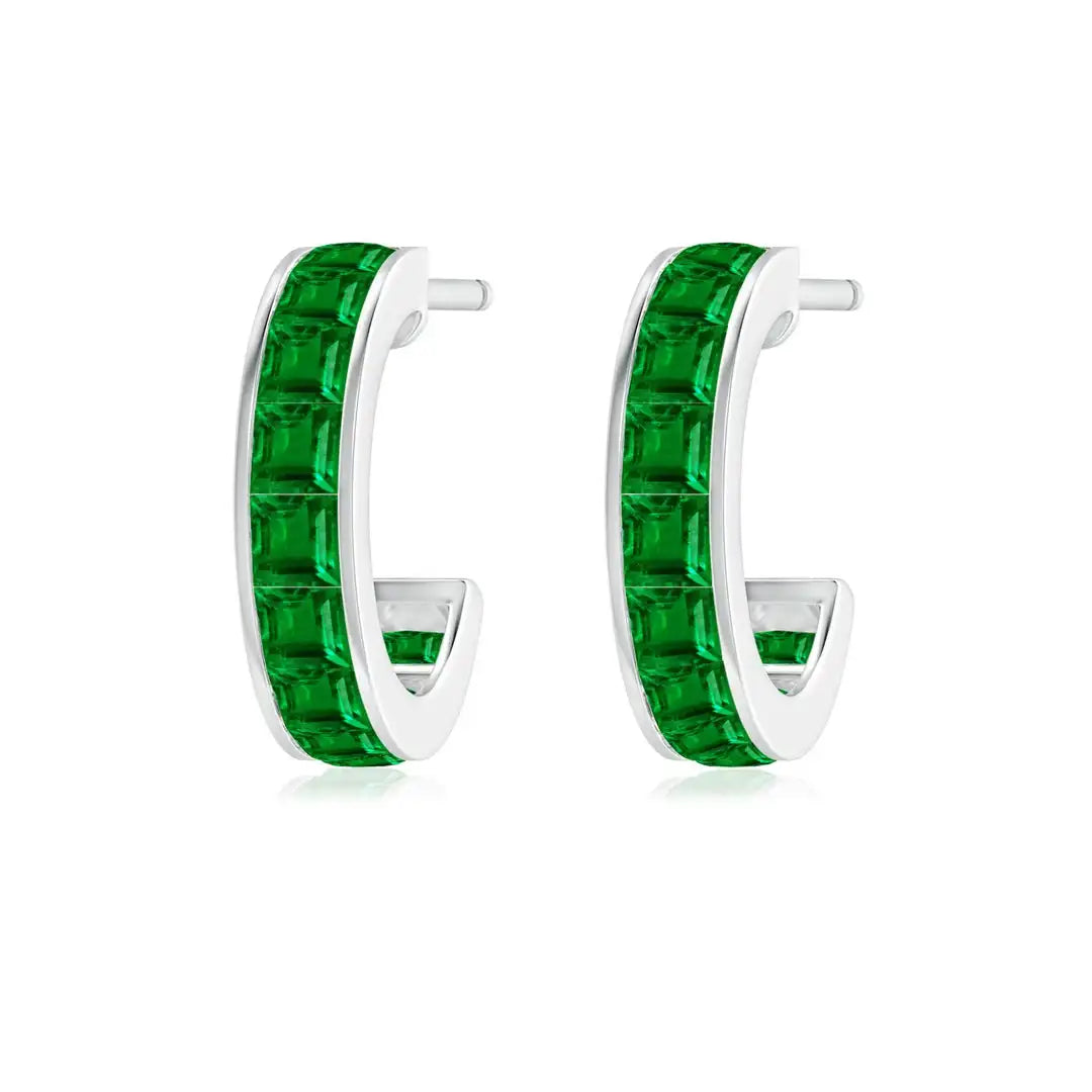 Emerald Hoop Earrings 14kt White Gold Channel Set Baguette Emerald Minimalist Luxury Fine Jewelry for Women