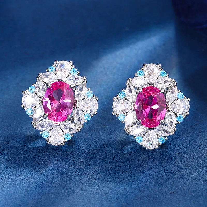 XOTICA Luxury Brazilian Fuchsia Gemstone Pendant Necklace Earring Ring Iced Blue CZ Zircon Flower Wedding Fashion Jewelry Set for Women