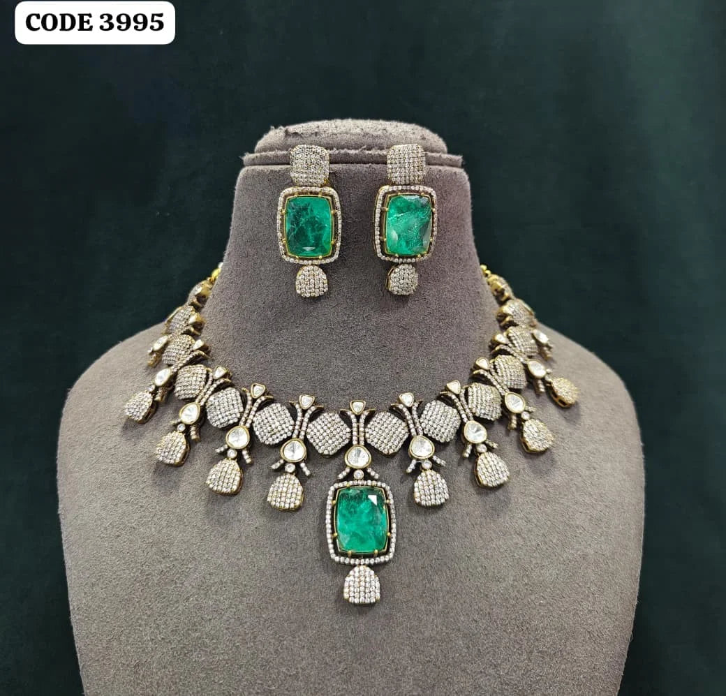 Antique Gold Plated Emerald Green Statement Necklace Set with Matching Earrings Wedding Bridal Party Jewelry Set