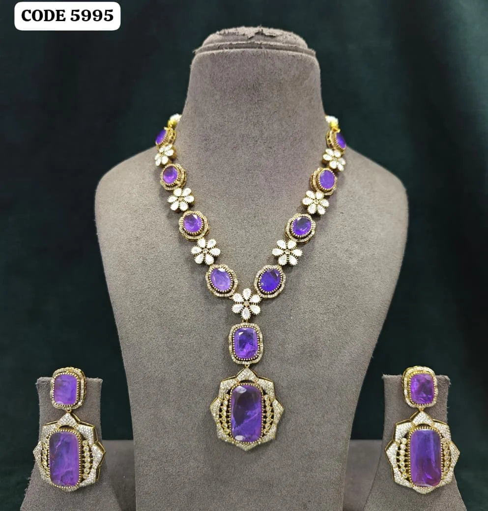 Luxury Green Emerald Stone Floral CZ Gold Plated Necklace Set with Long Pendant Earrings Pearl Drops Bridal Wedding Jewelry Set