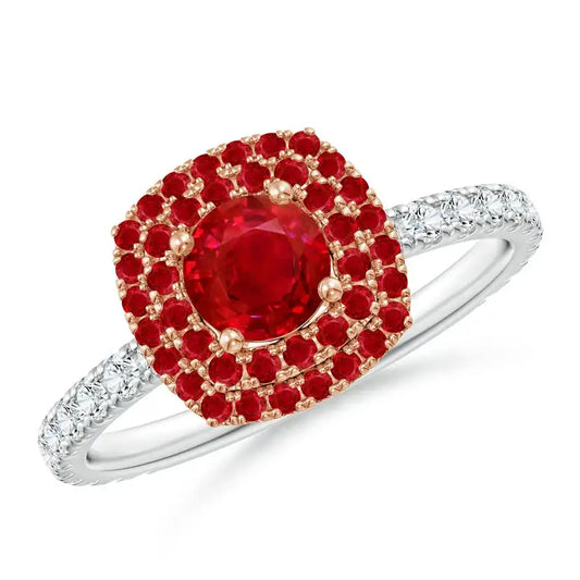 14K Solid Gold Round Ruby Two Tone Engagement Ring with Double Halo Handmade Customized Fine Jewelry Wedding Engagement