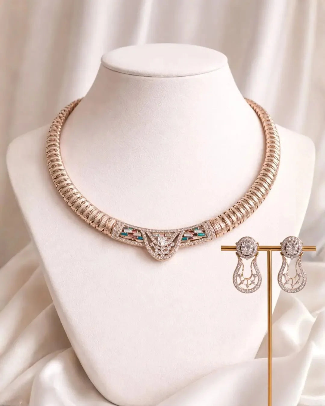 Mesh Style Rose Gold Jewelry Sets in 925 Silver Necklace Motif Earrings Set Fashionable Women Traditional Indian Design