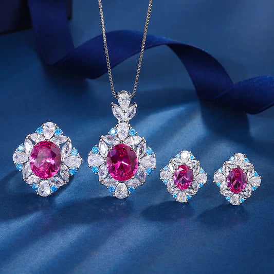 Gemfiori Fashion Red Sapphire Jewelry Set Flower Halo with Blue White CZ Pendant Necklaces Ring Earring Luxury Multi-Color Jewelry Gifts