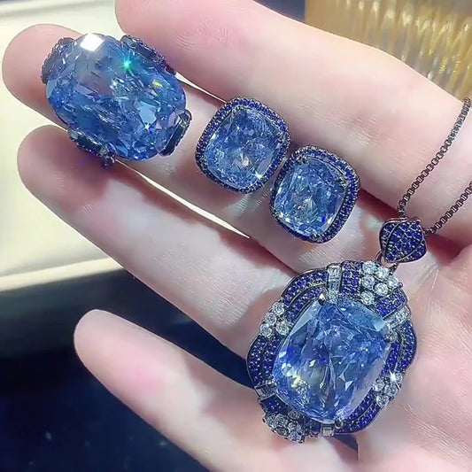 Gemfiori Luxury Black Rhodium Plated Jewelry Set Cushion Cut Simulated Blue Halo Vintage Dark Zircon Pendant Necklaces Ring Stud Earring