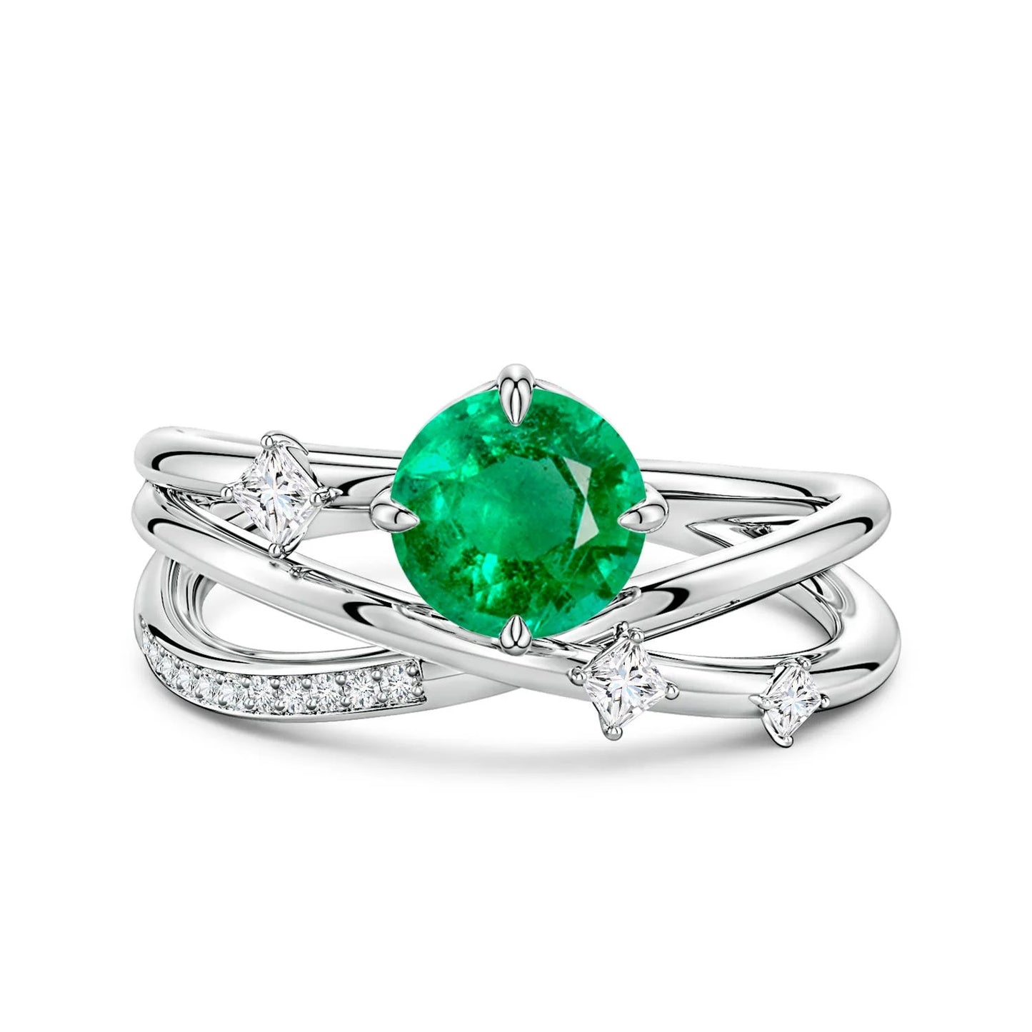 Designer 14K Solid Gold 6.5mm 1.22CT Round Cut Natural Emerald Gemstone & Diamond Crossover Statement Ring for Weddings Parties