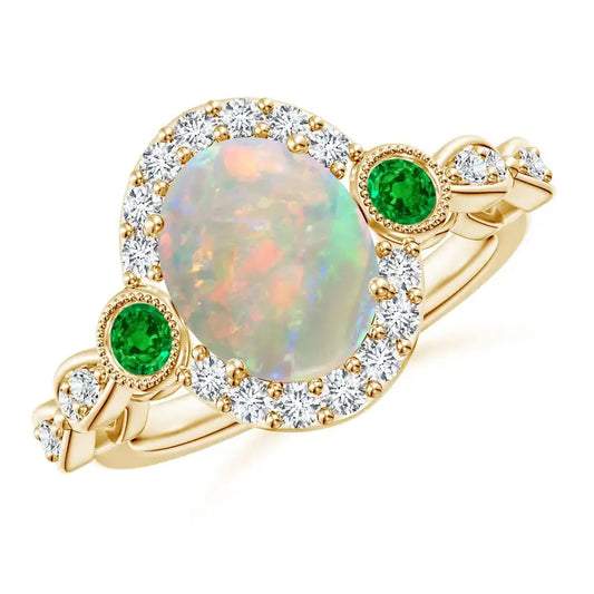 14K Solid Gold Vintage Oval Opal and Diamond Halo Ring with Bezel Emerald Handmade Customized Fine Jewelry Wedding Engagement