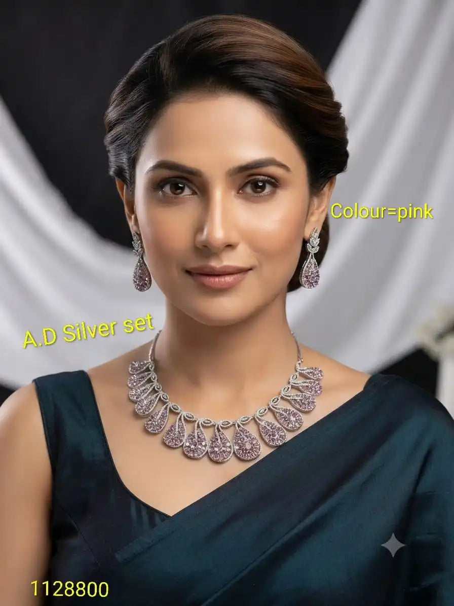 Luxury Pink Leaf Drop AD Silver Necklace Set Premium Wedding Party Wear Jewelry with Matching Earrings for Women