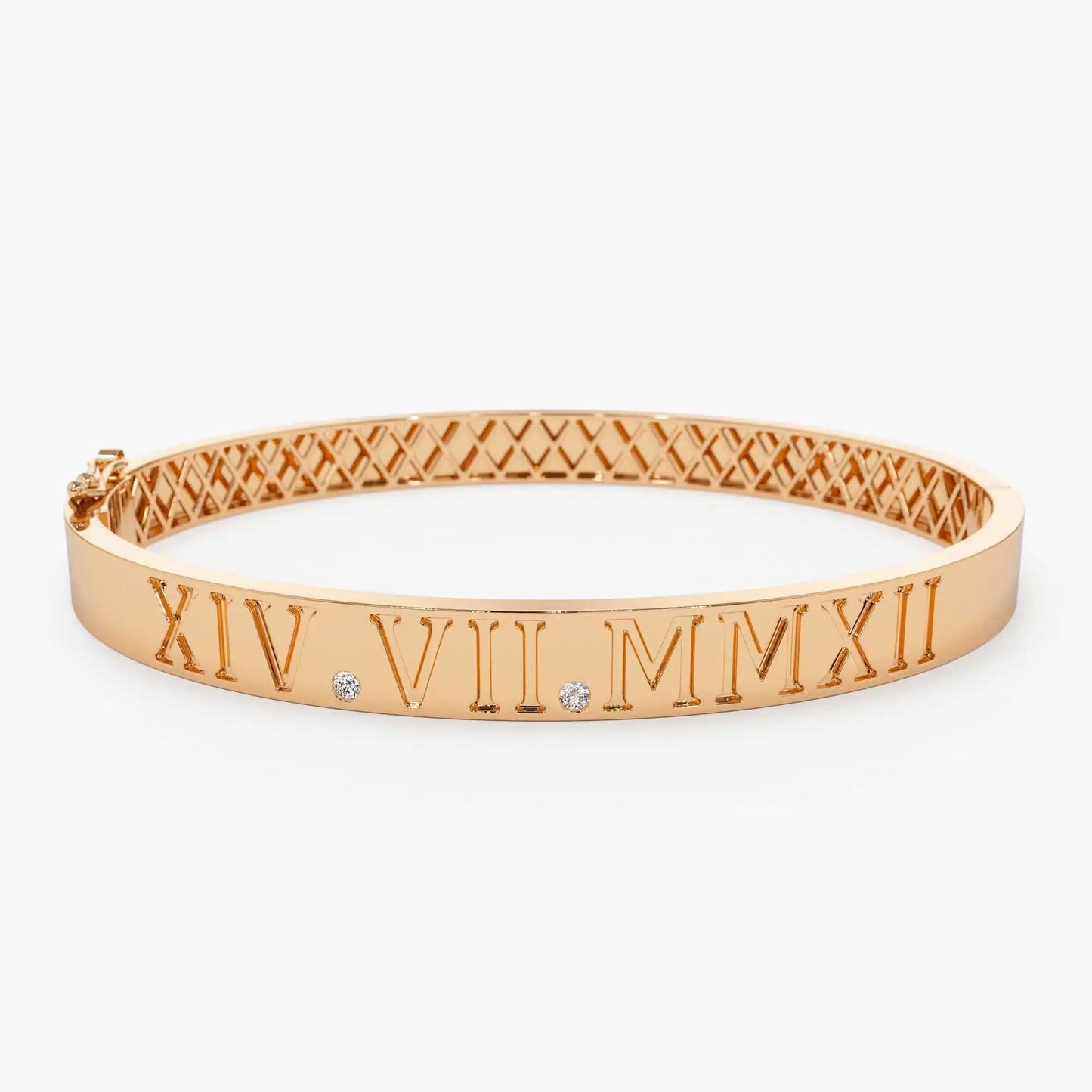 Luxury 14K Solid Gold Roman Numeral Bangle Bracelet Fine Jewelry 0.03 CTW 2 Diamond Female Charm Bangle Bracelets Ready To Ship